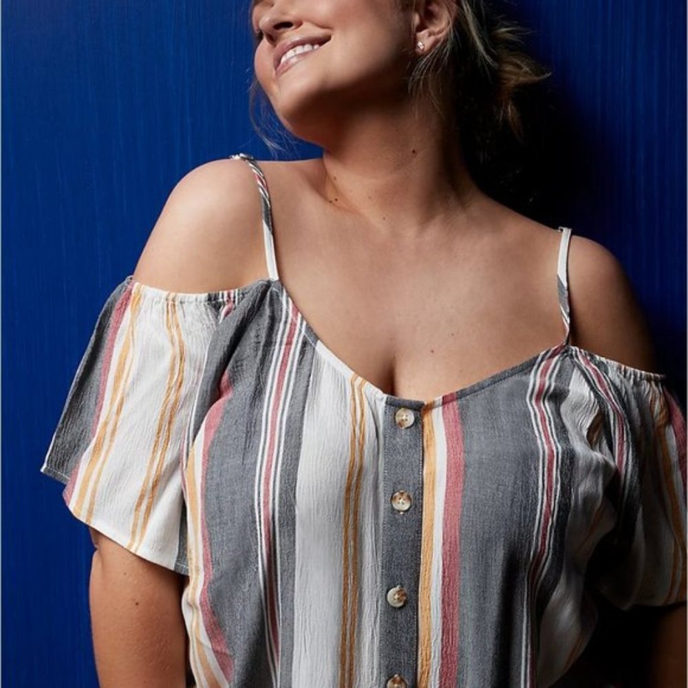 TORRID MULTI STRIPE BUTTON FRONT COLD SHOULDER TOP